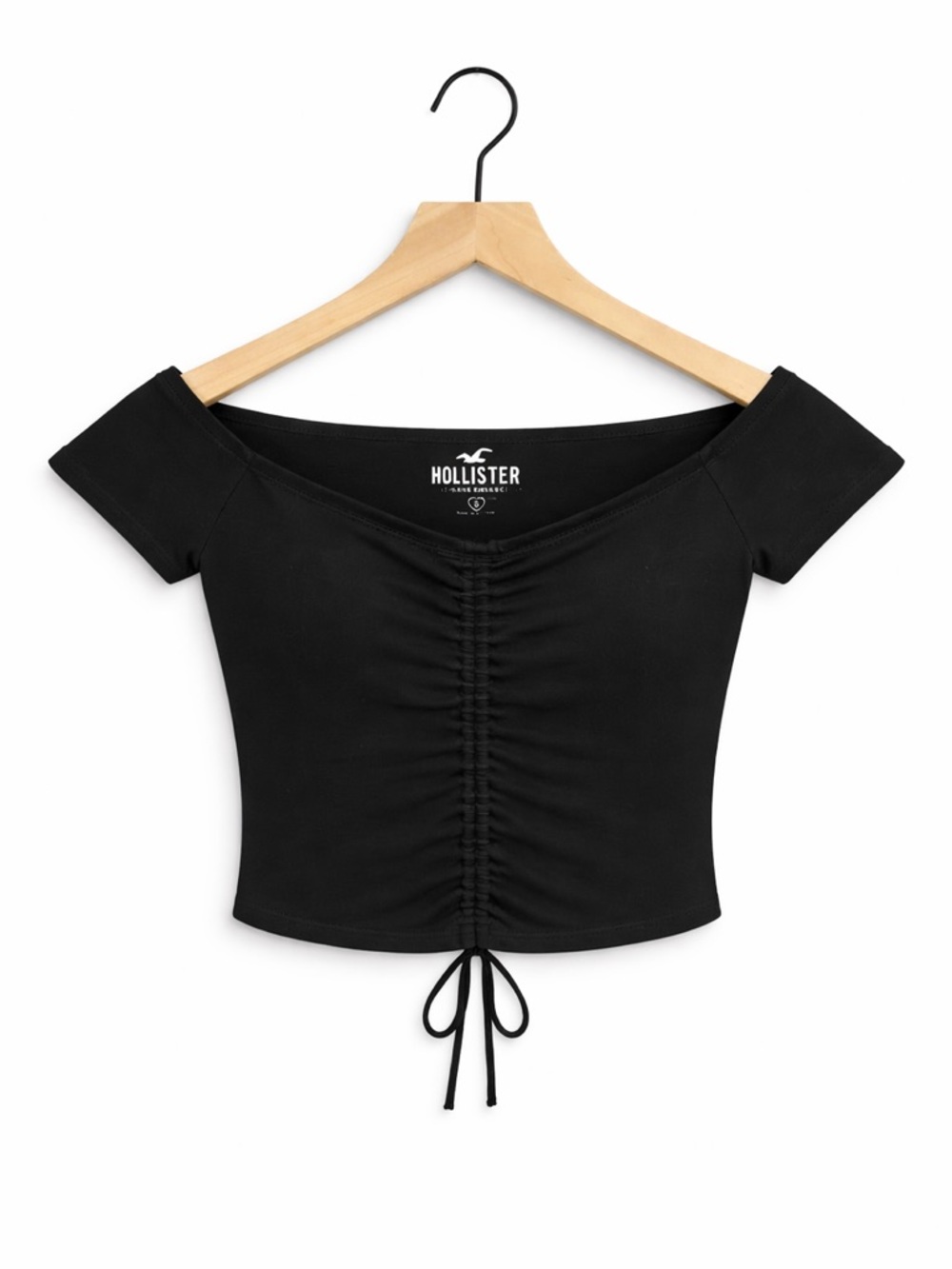 Hollister Black Off-Shoulder Ruched Tie-Front Crop Top (176)
